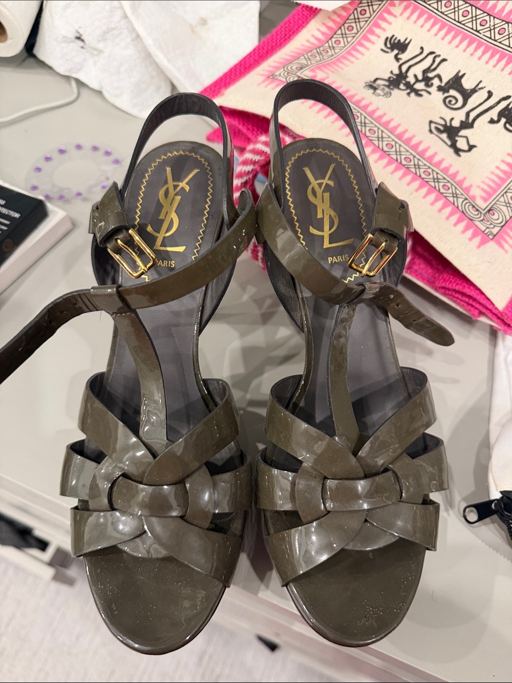 Saint Laurent Olive Patent Leather Knotted Slingback Heels with Gold Buckle